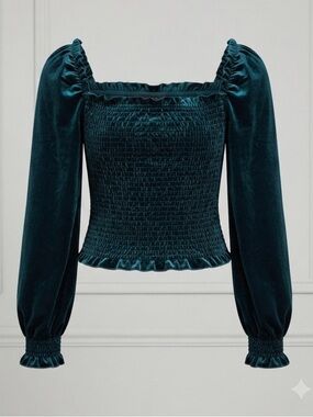 Laundry by Shelli Segal Teal Velvet Smocked Puff Sleeve Crop Blouse Boho Medium